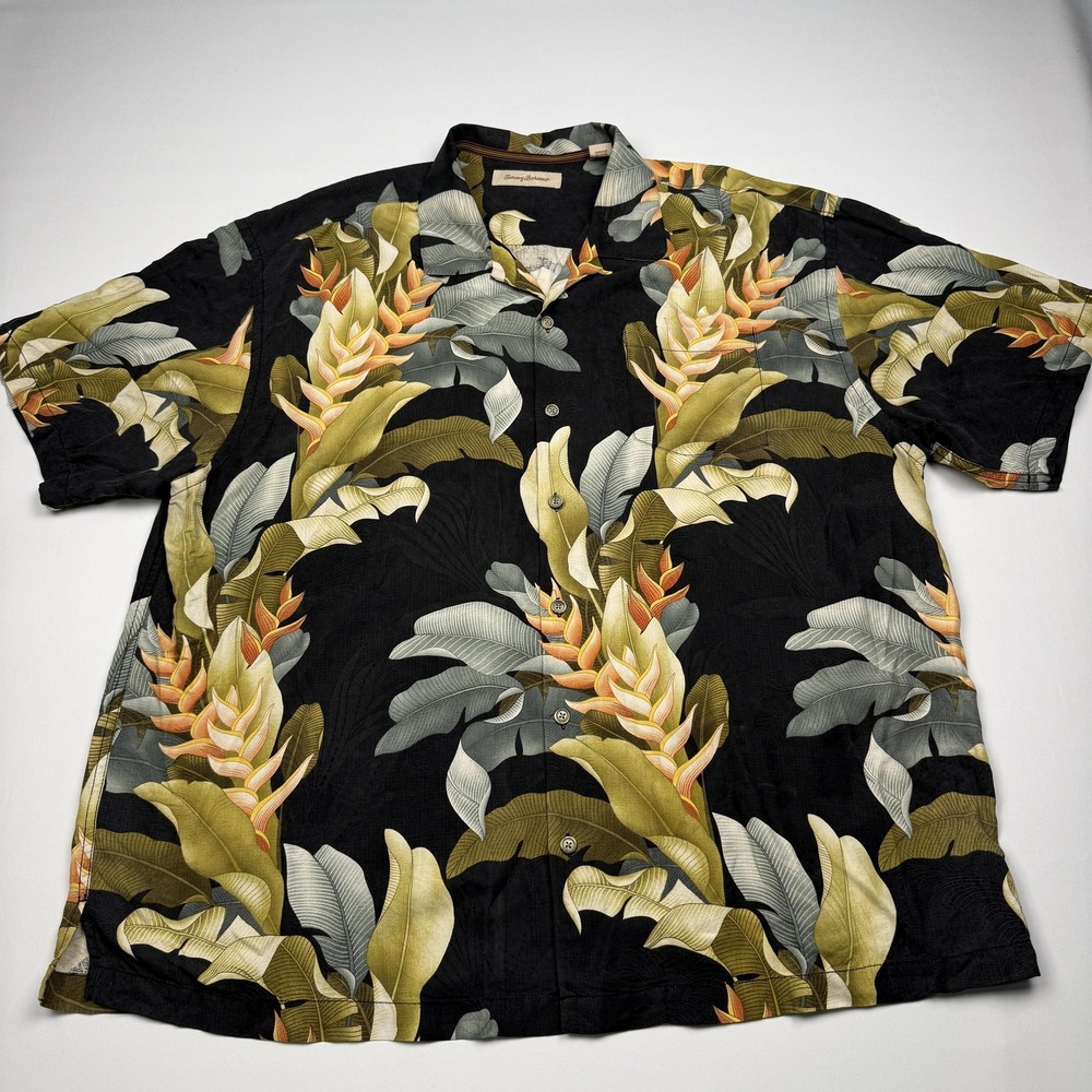 Tommy Bahama Shirt Mens 2XL Black Silk Hawaiian Floral Short Sleeve Button Up